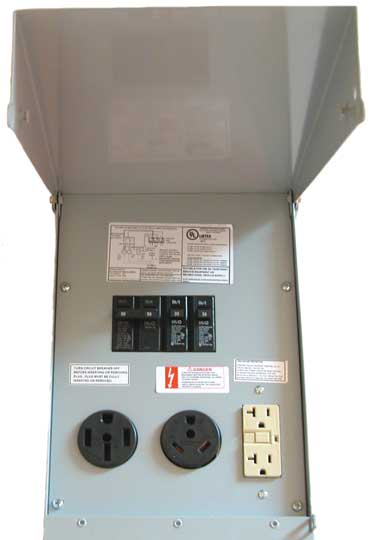 An RV power pedestal showing various American electrical outlet shapes